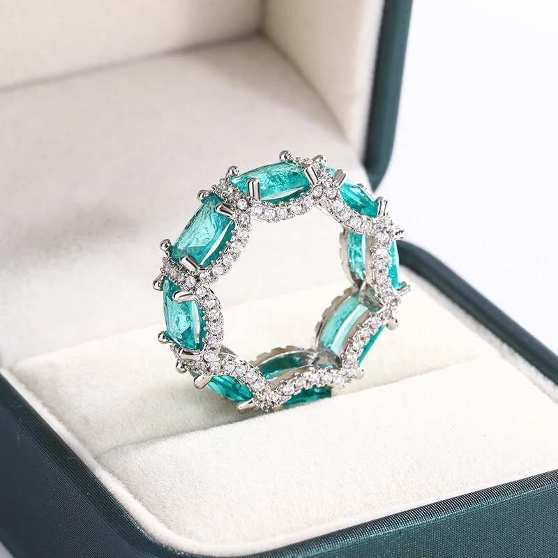 Paraiba simulation gemstone women's ring recommended by Little Red Book, high-end jewelry inlaid with sea blue gemstone topaz ring