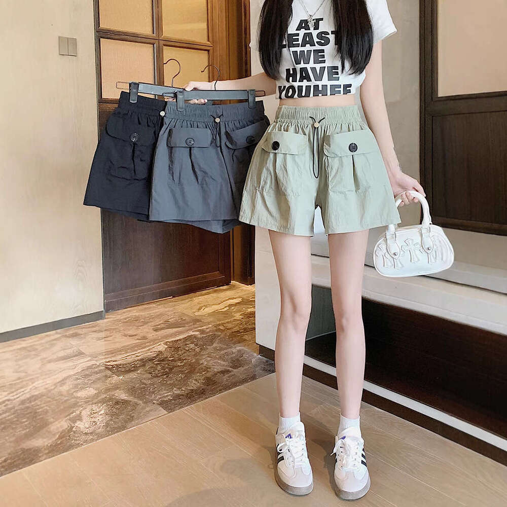 High Waist Slimming Hot Girl Gray Casual Shorts Women Summer New Workwear Wide Leg Double Pocket Drawstring Pants B5