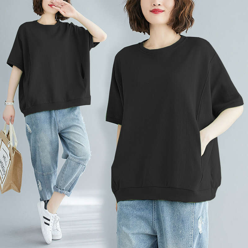 Women's Clothing 200 Jin Summer Loose Plus Size Covering Fat Slimming Top Solid Color Round Neck Short Sleeve T-Shirt B5