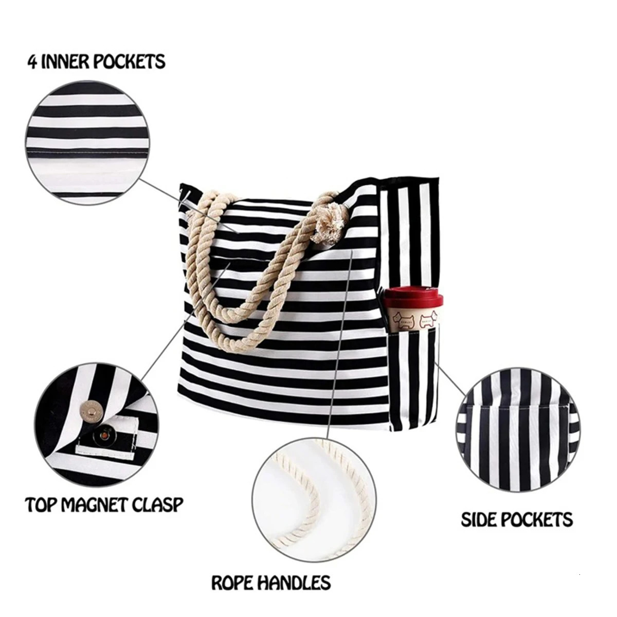 Women's Striped Beach Handbag - Linen Material Handbag - Foldable Lightweight Waterproof Travel Bag - 250730
