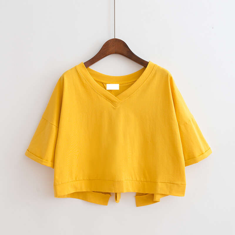 Summer Solid Color Backless Patchwork Split V-Neck Loose Top For Female Students With Tie Short Sleeve T-Shirt Women's Clothing B5