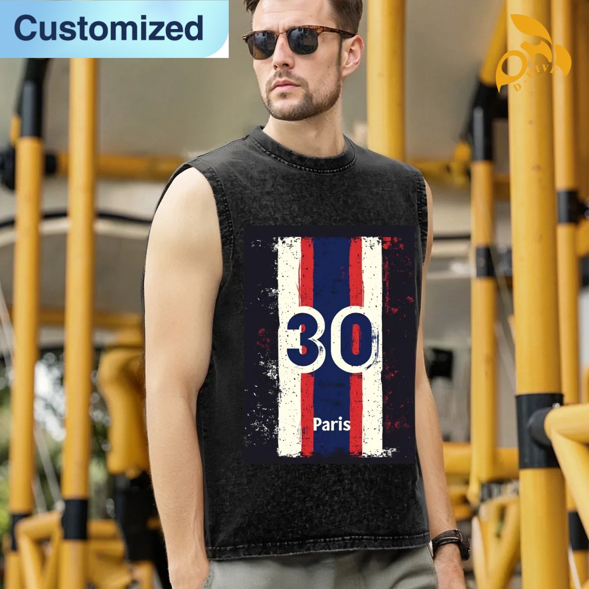 free shipping of customized trendy Washed cotton sleeveless T-shirt with exquisite patterns from US