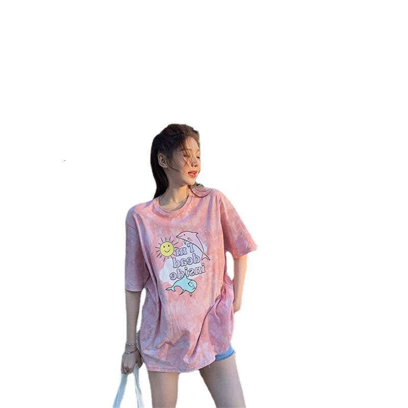 Summer New Cartoon Short Sleeve T-Shirt For Women Loose Korean Style Student Tie-Dye Top Women's Fashion Ins Trend B5