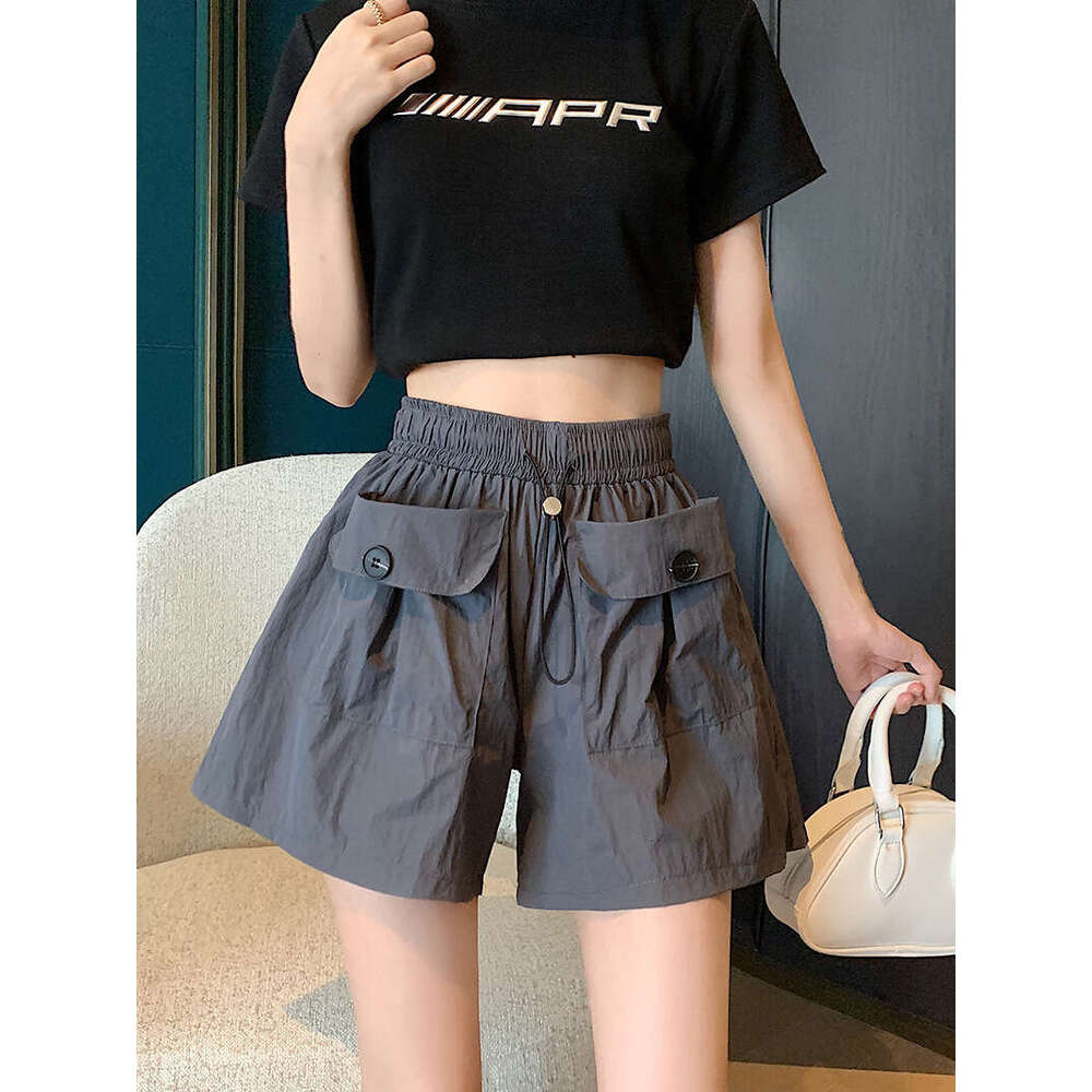 High Waist Slimming Hot Girl Gray Casual Shorts Women Summer New Workwear Wide Leg Double Pocket Drawstring Pants B5