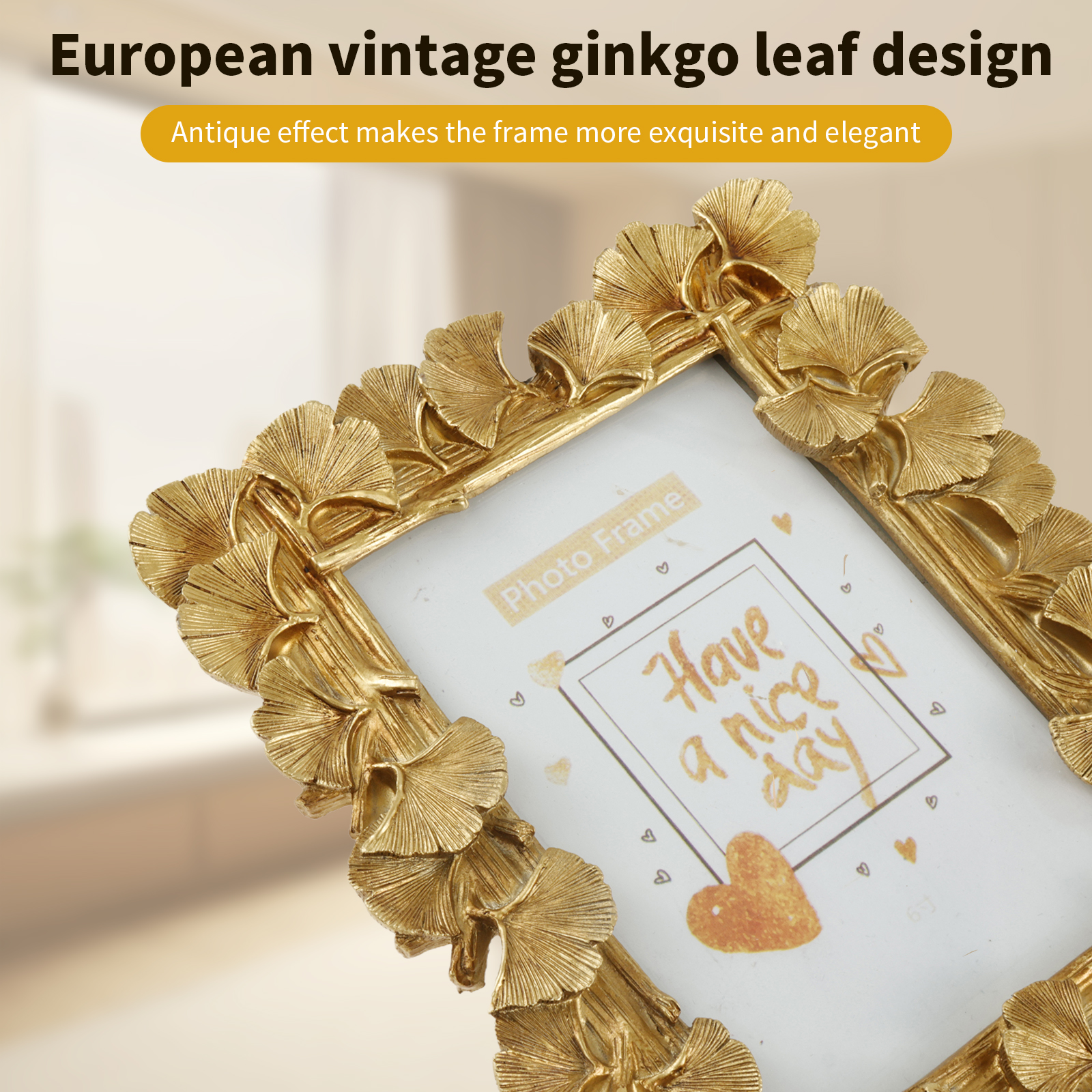 Picture Antique Leaf Textured Frame Vintage Gold Resin Tabletop Display Photo Holder for Home Bedroom Living Room H260306