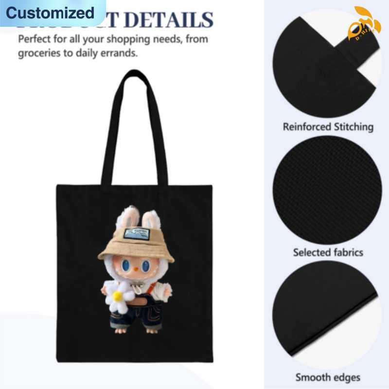 Free shipping TOP fashion designers customize lightweight and high-quality black full-print canvas tote with labubu pattern bags