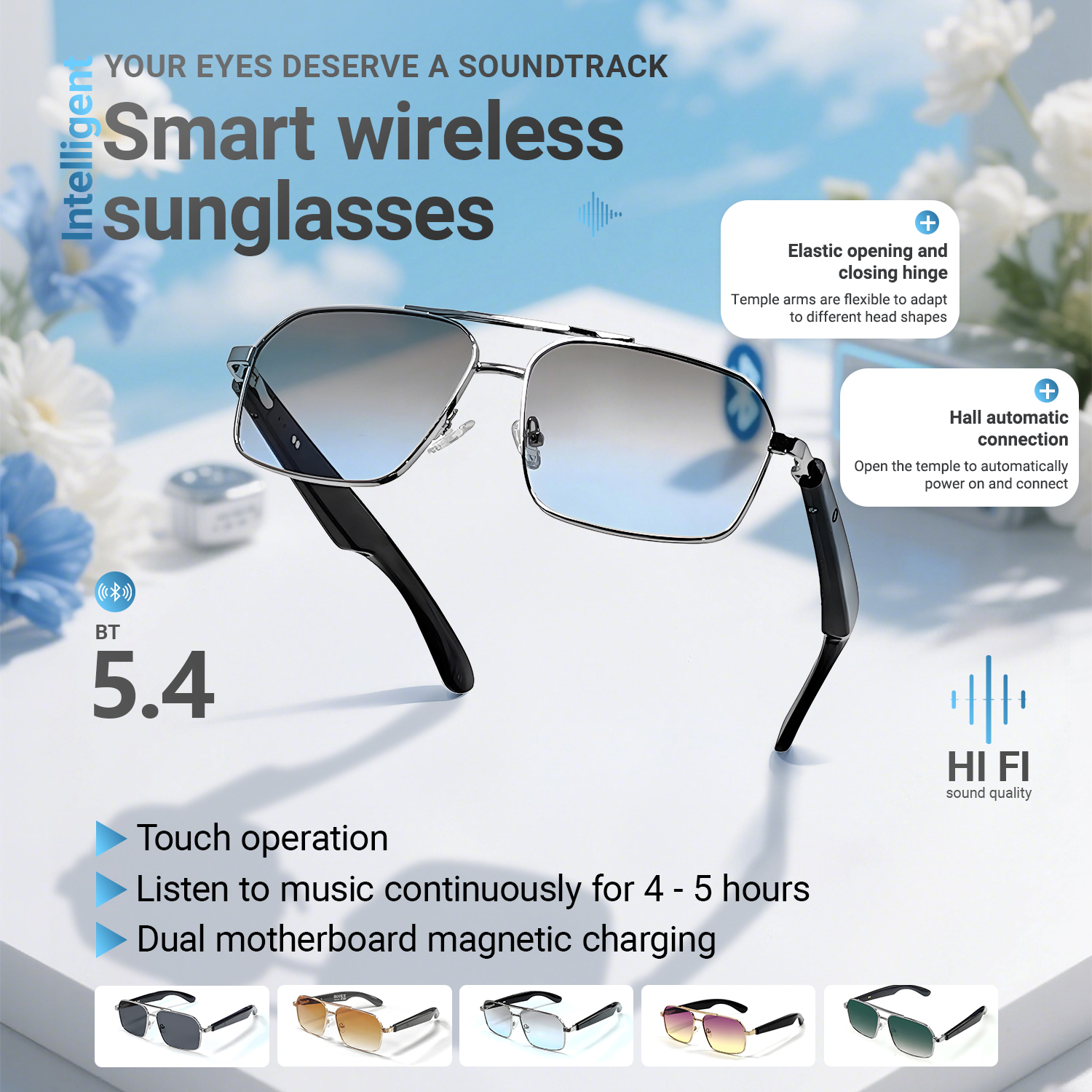 LIGE Smart glasses, adaptive photochromic lenses with light, open ear speakers and microphones Automatic on/off Outdoor sports glasses Music control