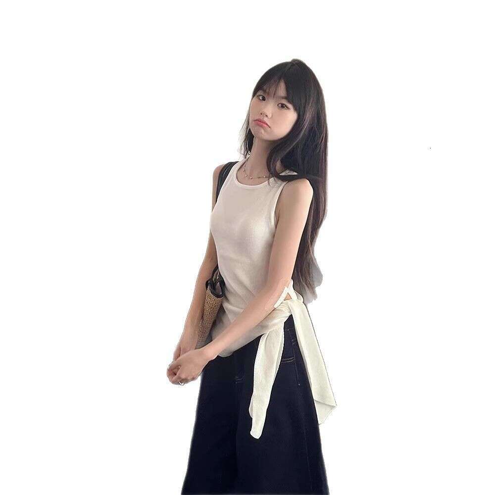 Summer Design Sense Lace-Up Knitted Camisole For Women, Slim Fit Versatile White Tight Student Top B5