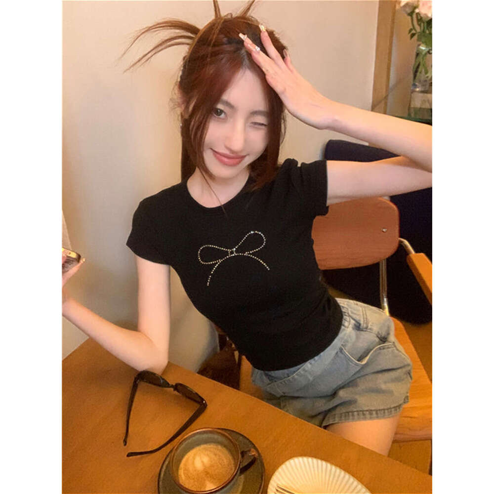 Summer American Style Hot Girl Sleeve T-Shirt Women's Crop Black Bow Rhinestone Slim Fit Short Top Trendy B5
