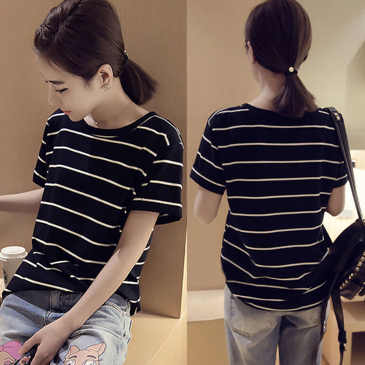 Summer New Korean Style Loose Plus Size Striped Short Sleeve T-Shirt Women's Top Base Shirt Ladies' Clothing B5