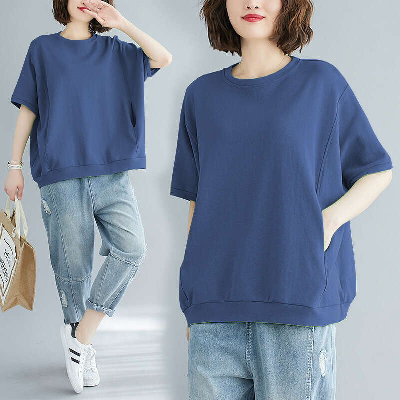 Women's Clothing 200 Jin Summer Loose Plus Size Covering Fat Slimming Top Solid Color Round Neck Short Sleeve T-Shirt B5