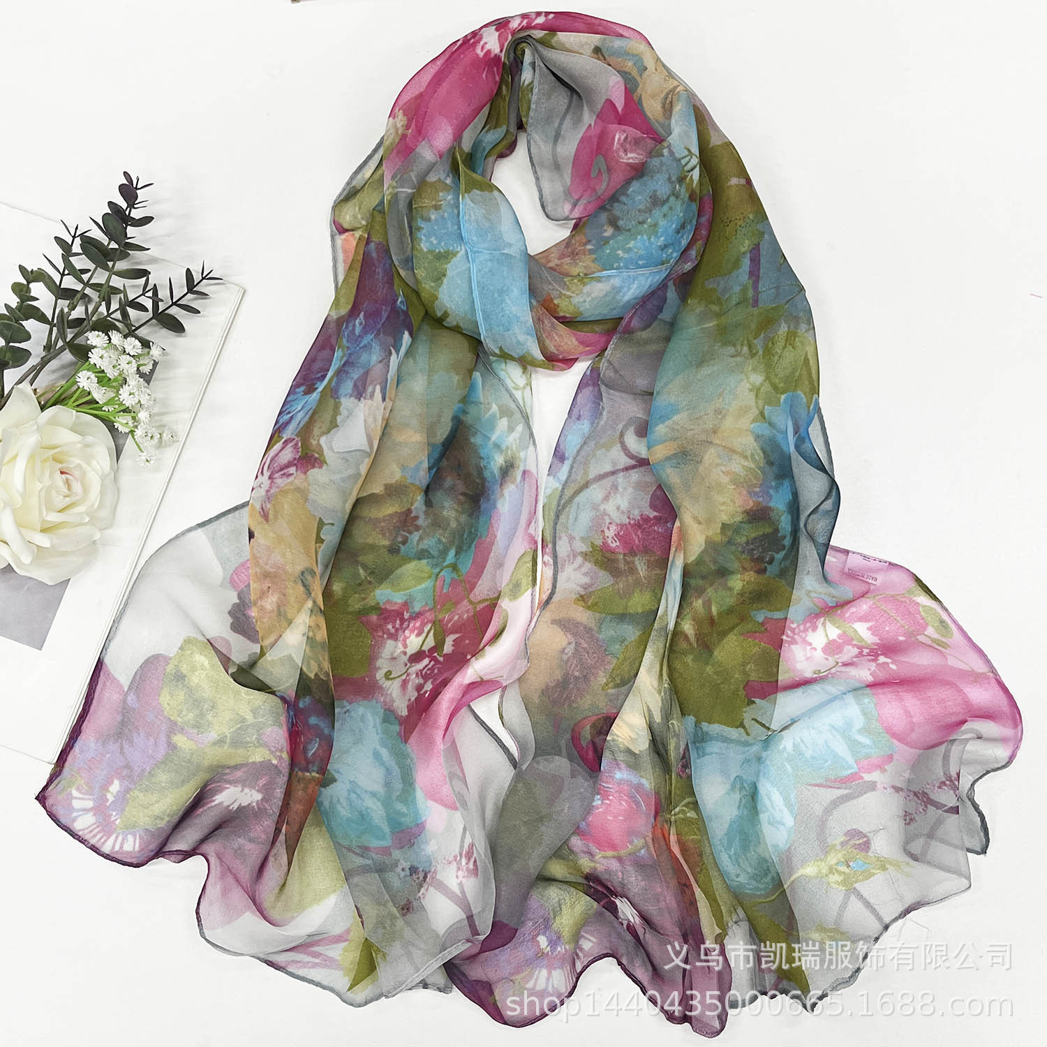 K1365 Fashionable and versatile Georgette silk scarf for women, summer sun protection scarf, moonlight forest thin long strip printed cross-border sha