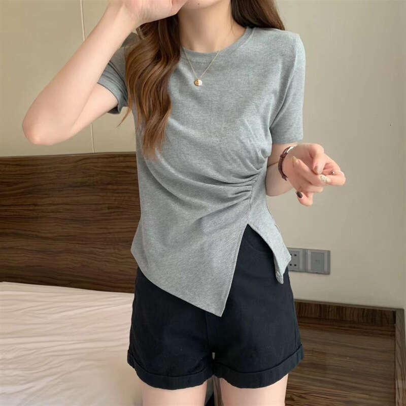 Irregular T-Shirt For Women Summer New Korean Style Waist-Cinching Slimming Side Slit French Splicing Tee Top B5