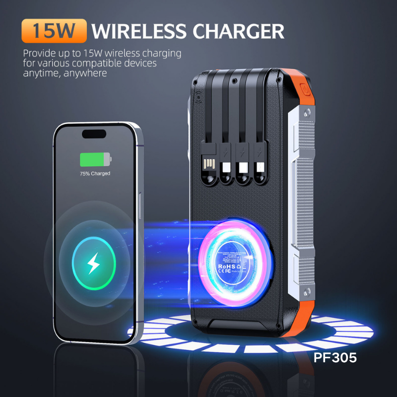 MagSafe Solar Power Bank 30000mAh Built in Cables External Battery Charging Poverbank External Battery Charger LED Light for All Smartphones