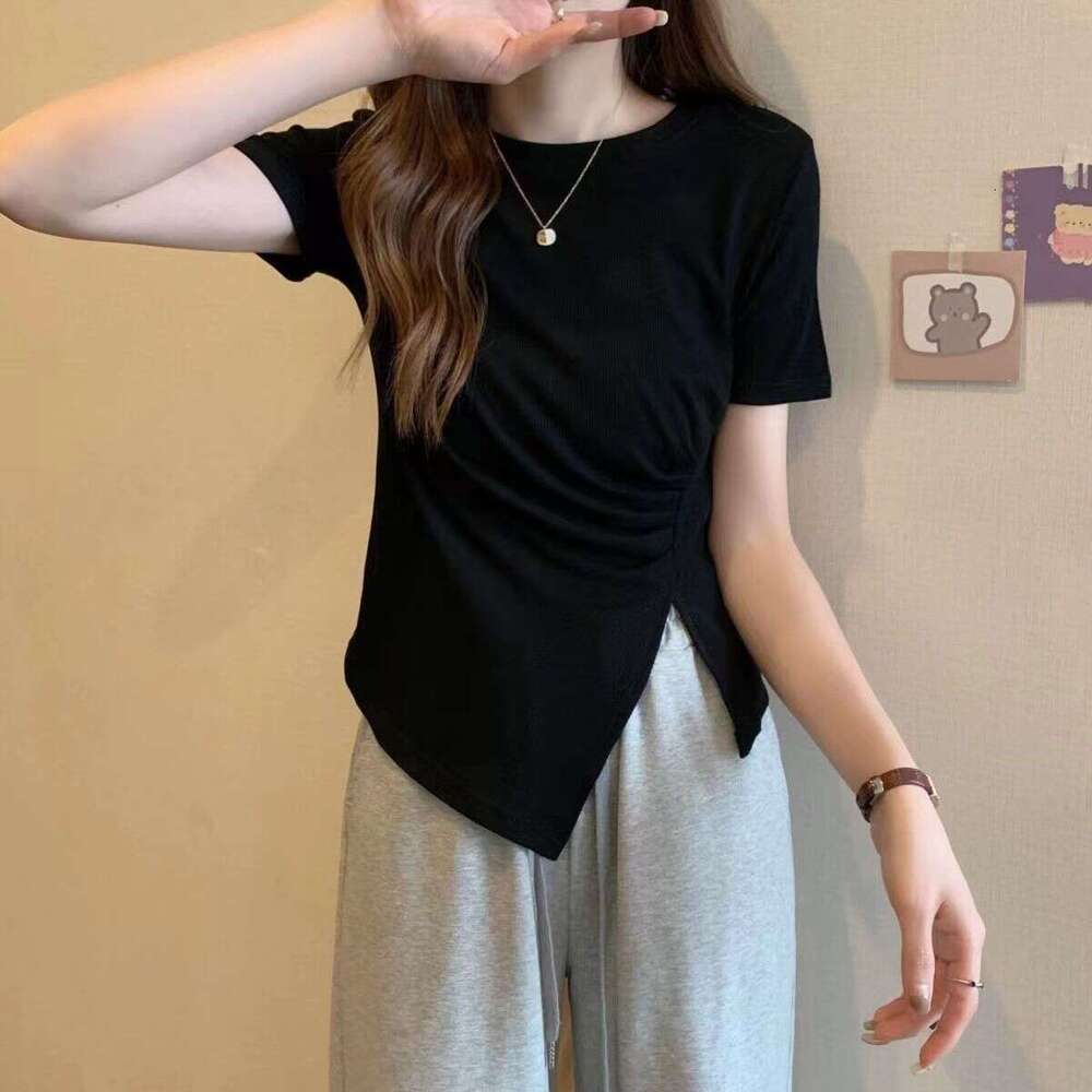 Irregular T-Shirt For Women Summer New Korean Style Waist-Cinching Slimming Side Slit French Splicing Tee Top B5