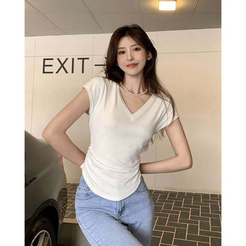 Pure Desire Style V-Neck Short Sleeve T-Shirt Women's Fashion Summer New Slim Fit Slimming Design Student Solid Color Top Trendy B5