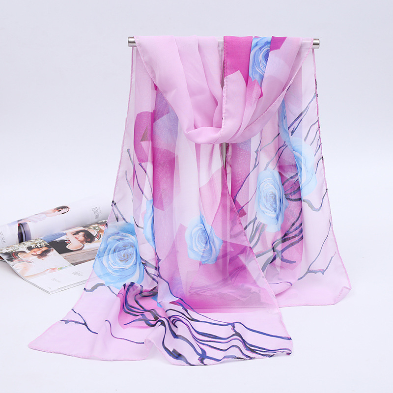 K1295 Spring and autumn new rose tulle scarf ladies chiffon printed silk scarf air conditioning warm small shawl scarf wholesale
