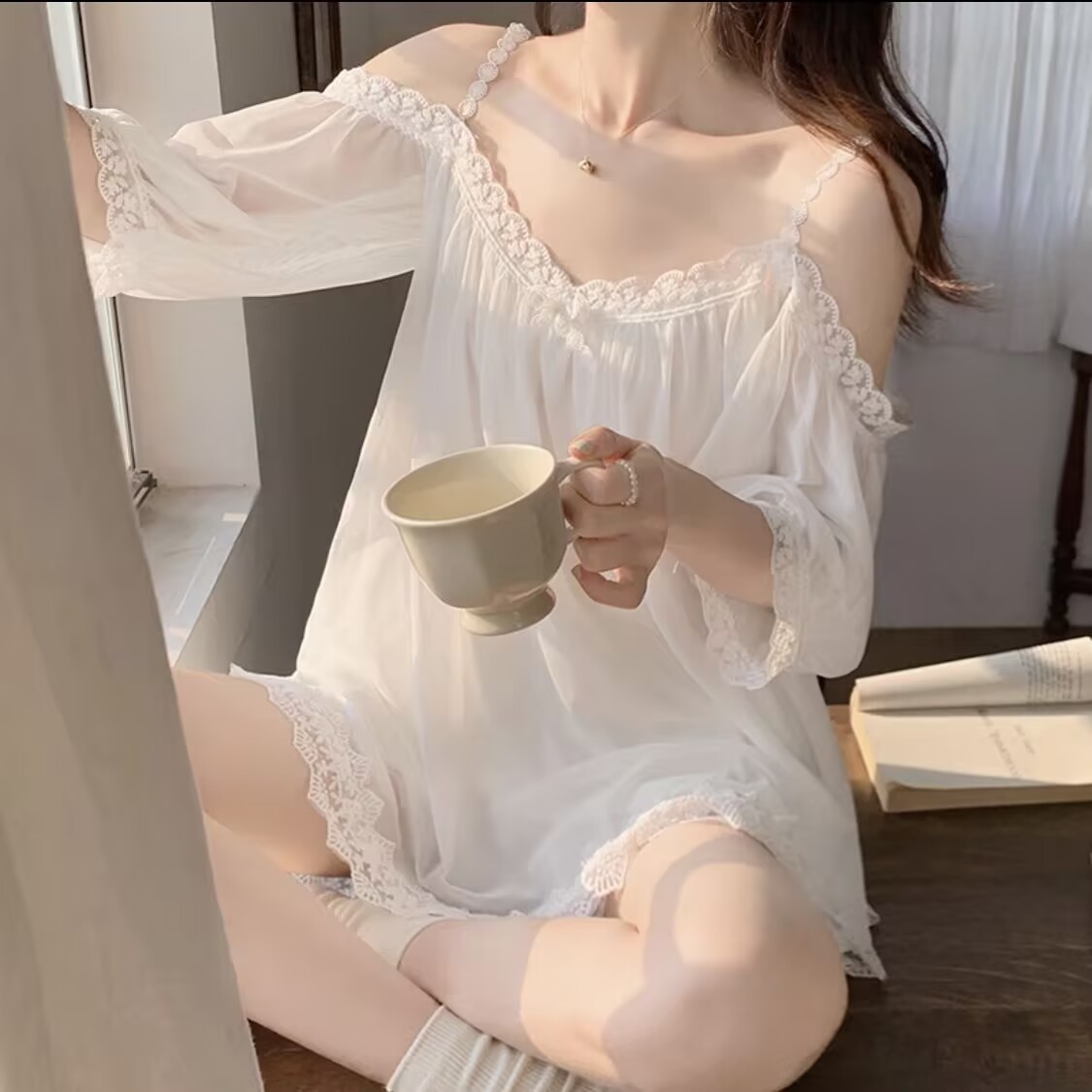 B974-Collar strapless two-piece pajamas strapless nightgown lace white padded large size