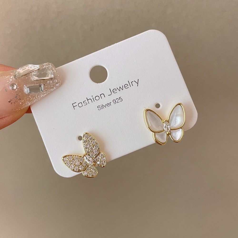 Asymmetric Shell Butterfly Earrings High-end Micro-inlaid Zircon Earrings Korean Style Elegant Simple Versatile Ear Jewelry 250710