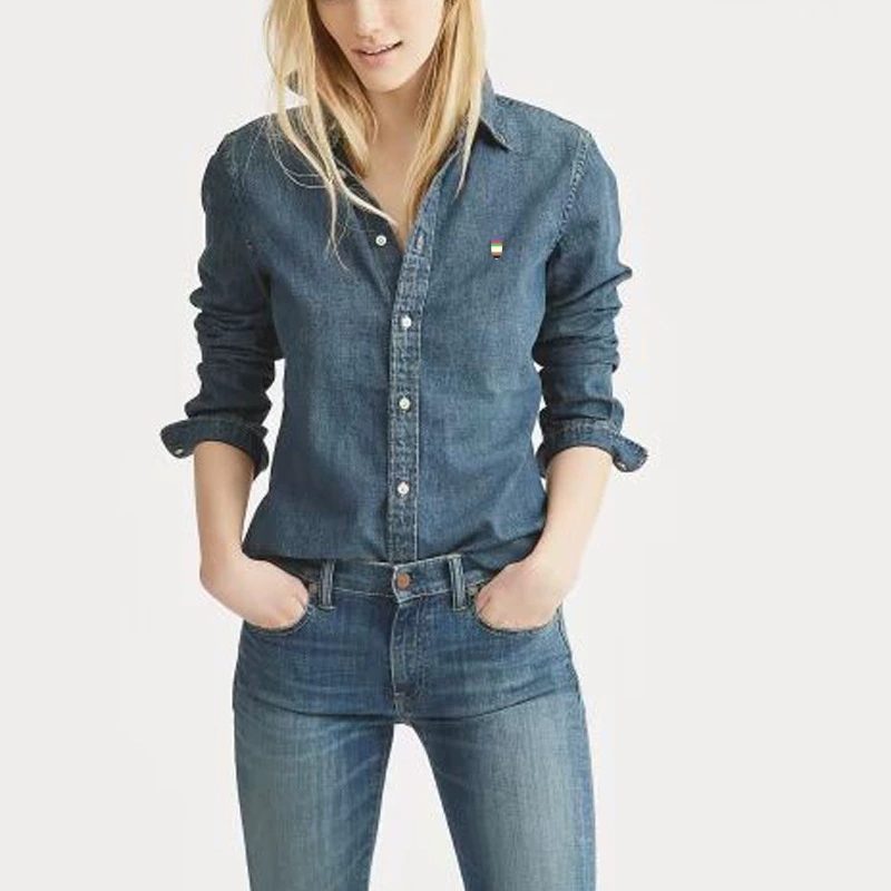 Spring Autumn Designer Women's Washed and Worn Denim Long-sleeved Shirt Retro Women's Jeans Slim-fit Colorful Pony Logo Shirt Top