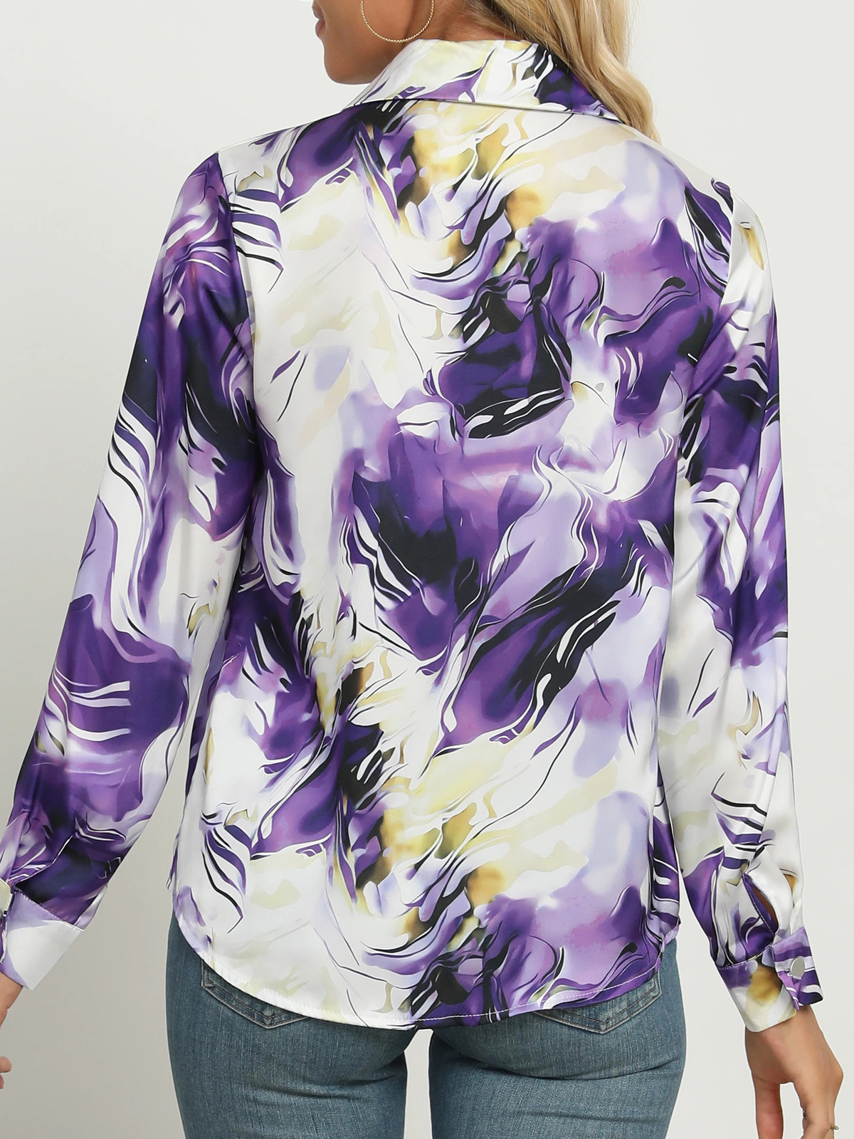 Marble Print Button Front Long Sleeve ShirtLong Sleeve Tops 250708