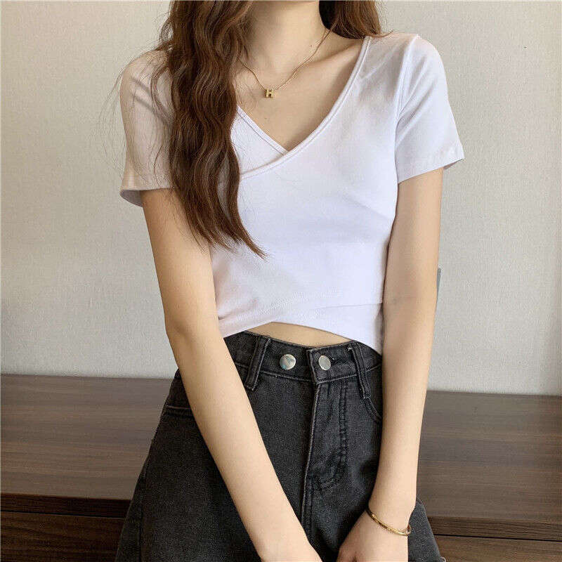 Summer New Design Cross Versatile Slim Fit Sleeve T-Shirt Korean Style Short Solid Color Top For Women B5