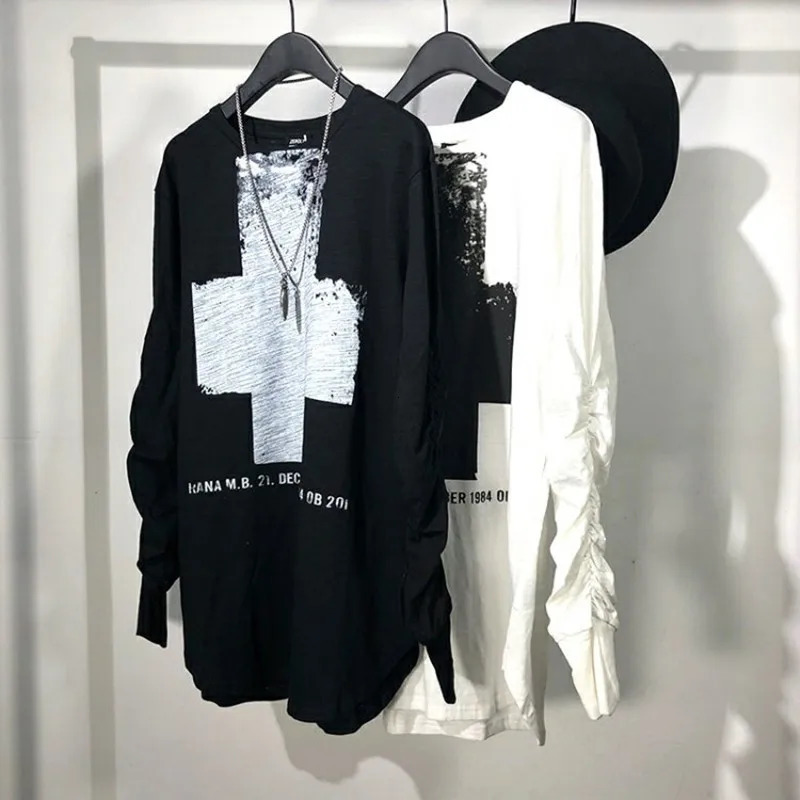 2025 Summer Cross Graffiti Print Hip Hop Punk Long Sleeve T Shirt Men Black White Gothic Vintage Tops Streetwear 250707