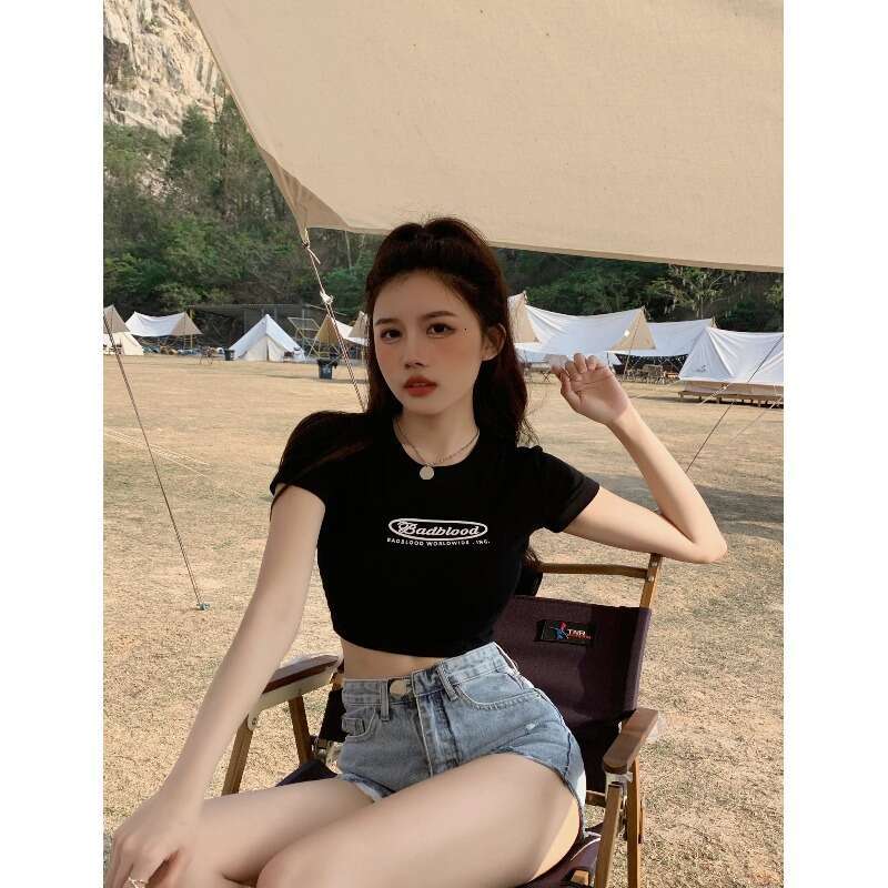 Black Letter Print T-Shirt For Women Summer New Slim Fit Versatile Hot Girl Short Sleeve Top B5