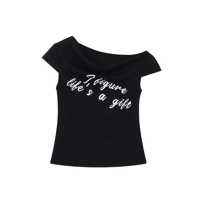 Sweet Spicy Girl Letter Print Sleeve T-Shirt Women's Fashion Summer New Design Slim Fit Short Off-Shoulder Top B5