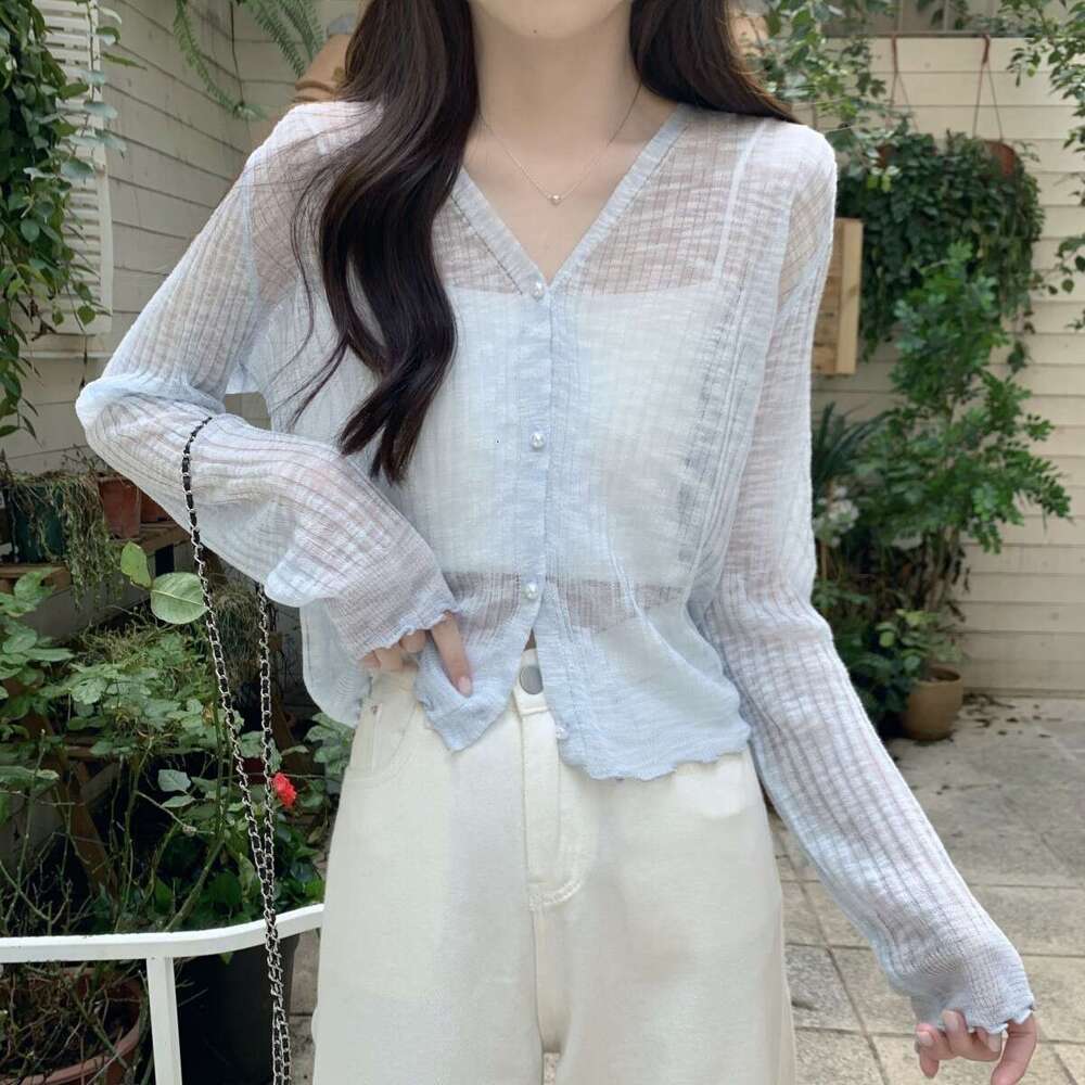 Summer Sun Protection Cardigan For Women, Thin Loose Ruffled Edge Outerwear Shawl, Short Student Knitted Ice Silk Shirt B5