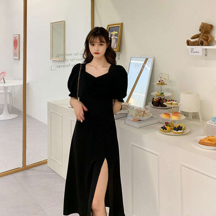 Plus Size Slimming For Chubby Girls, Elegant Square Neck, Waist-Cinching, Slit, French Style, Black Hepburn Style A-Line Dress B5