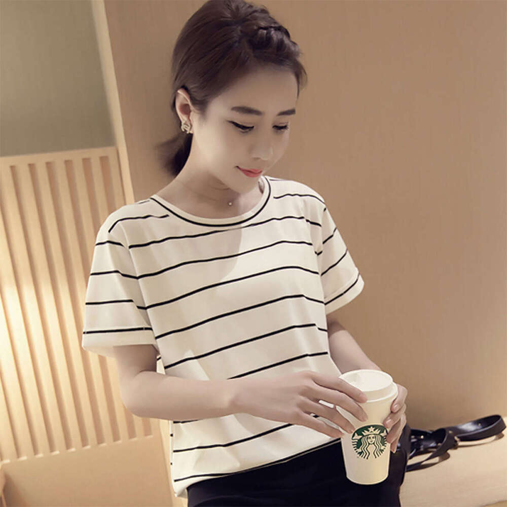 Summer New Korean Style Loose Plus Size Striped Short Sleeve T-Shirt Women's Top Base Shirt Ladies' Clothing B5