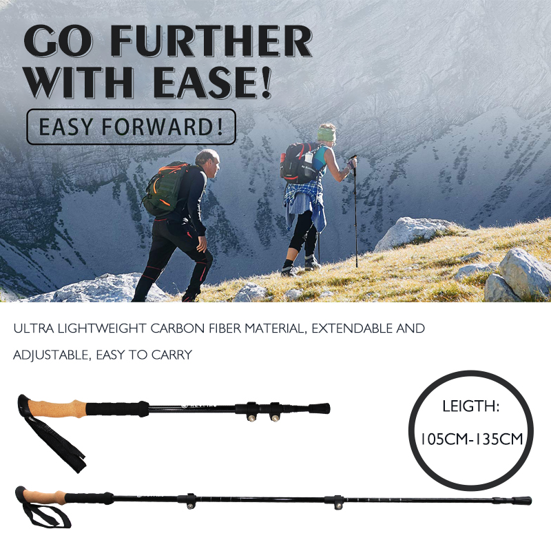 OKHEALING Carbon Fiber UD Surface Trekking Poles Ultra-light Folding Cane Portable Walking Stick with EVA Handle for Off-road Camping Mountaining Back