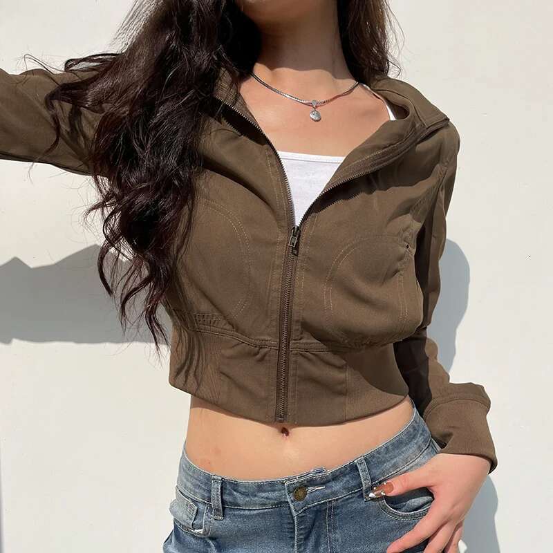 hoodie Vintage Cropped Jackets Women Stand Collar Solid Color Casual Coats Slim Pocket Zip Up Haruku Safari Style Outwear jacket