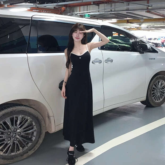 Summer New Pure Desire Style Hot Girl Black Striped Strap Slim Fit Elegant Long Dress For Women B5