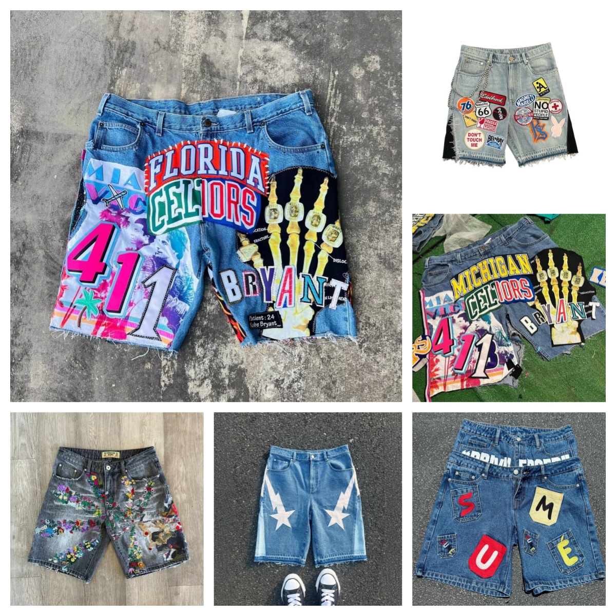 American Retro Denim Shorts Y2K Jeans Harajuku Hip Hop Cartoon Embroidery Retro Baggy Shorts Low Waist Sports Basketball Shorts