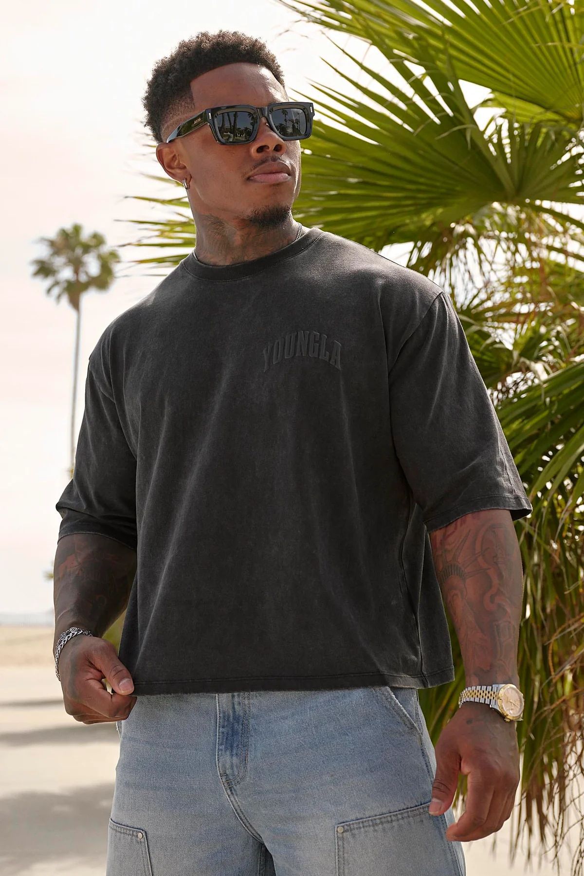 YOUNGLA Men's Oversized T-shirt Foam Printed Cotton Short Sleeve American Sports Fitness Casual Loose Top YA-TX25