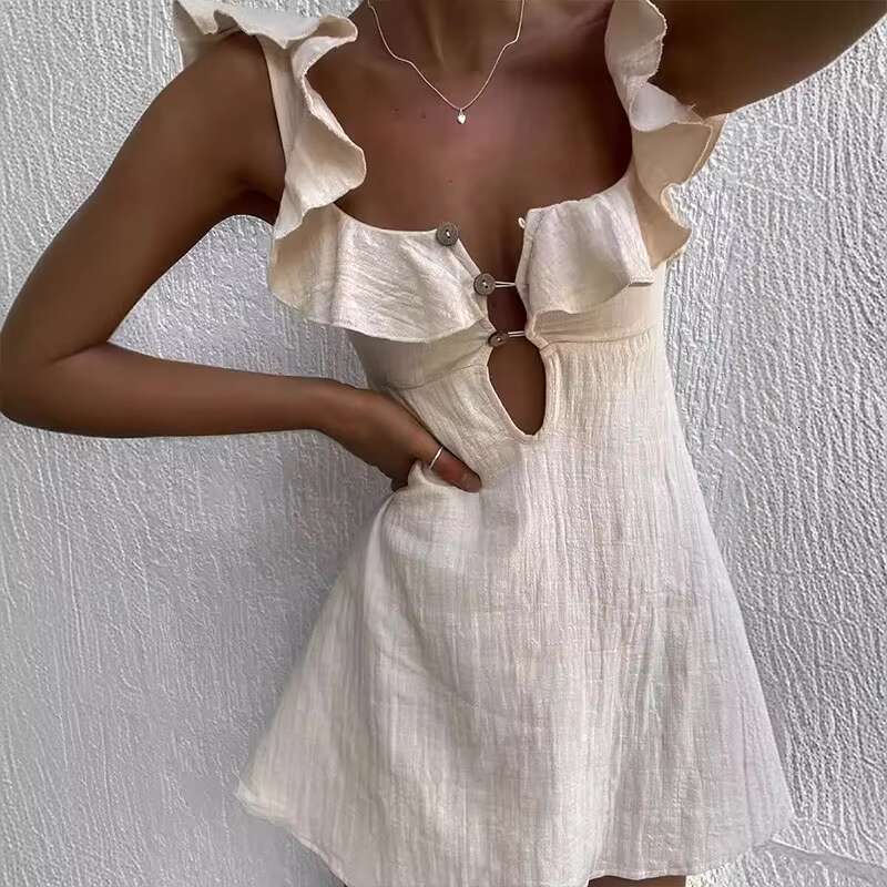 Summer Hollow Out Button Ruffles Short Sexy V Neck Sleeveless Solid Color New Holiday Beach Cotton Linen Mini Dress dongdumaoyi