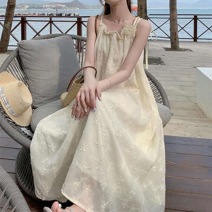 French Gentle Style Jacquard Strap Fairy Summer New High-End Slimming Edge Vacation Beach Dress B5
