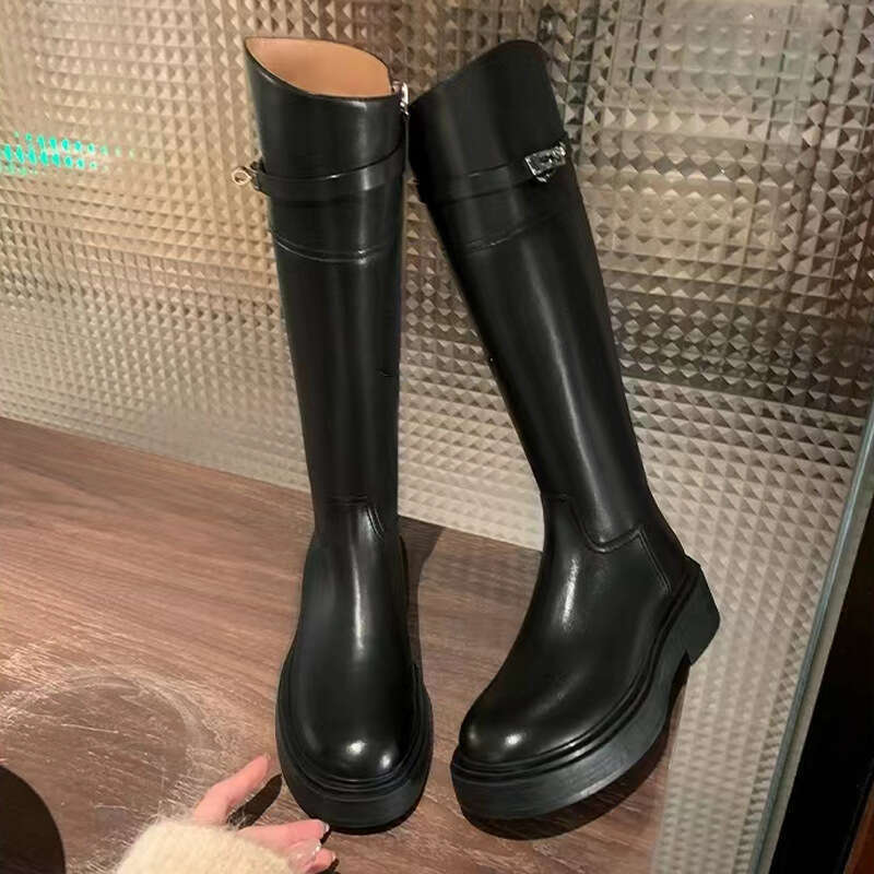 Su Yinyin~ Thick-Soled Buckle Over-the-Knee 2023 Autumn Winter New Round-Toe Color-Block High Tube Riding Boots for Women
