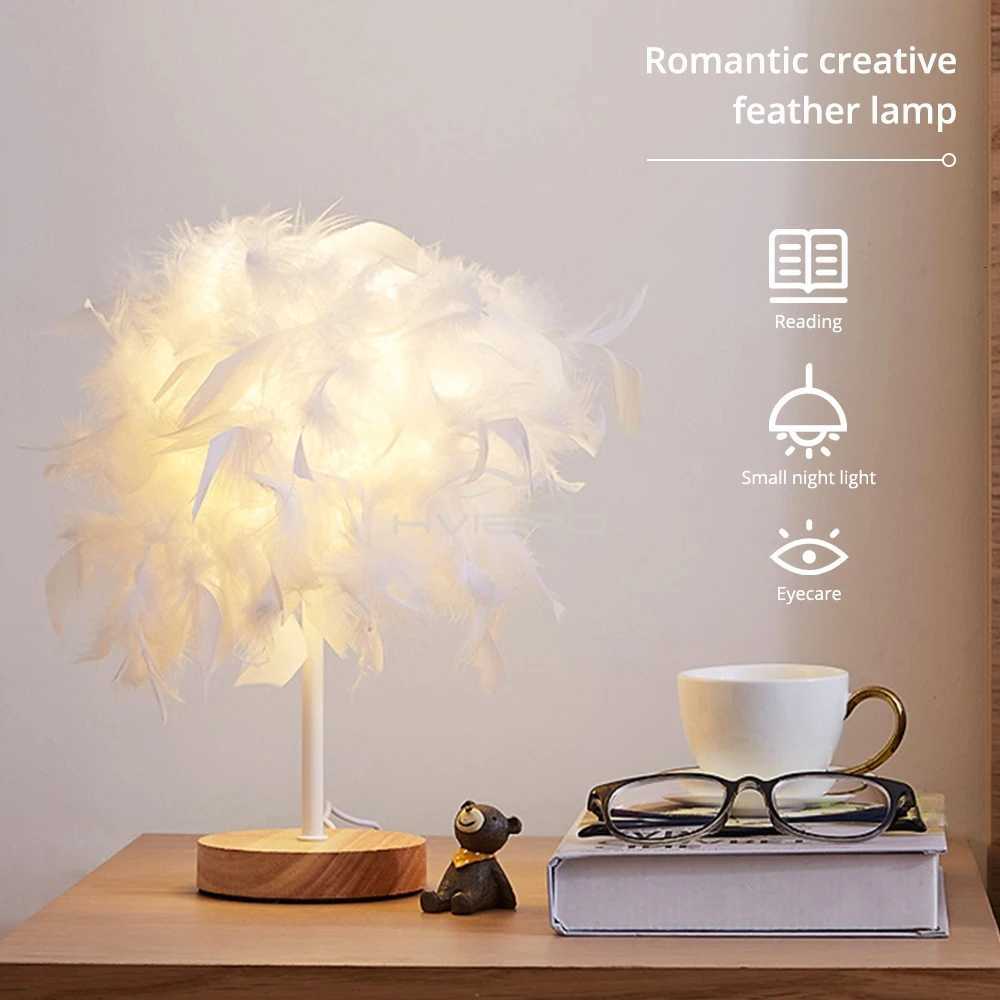 LED Warm Small Table Lamp Nordic Romantic Creative Feather Wedding Room Red Girl Bedroom Bedside Flashlight Night Reading Light XJ250710