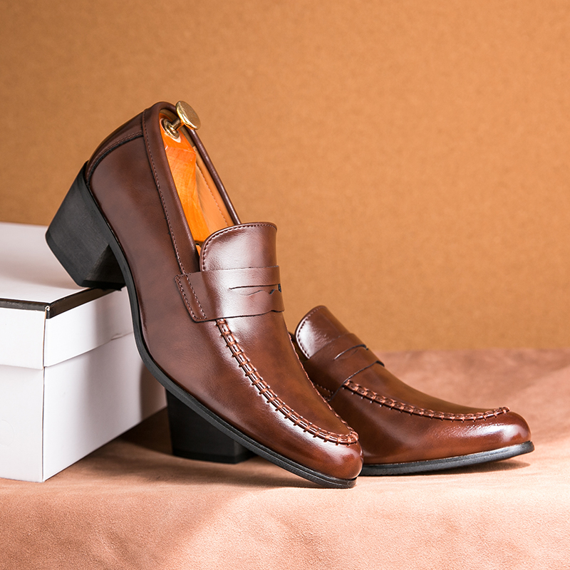 505- New Fashionable Retro Height Increasing Cuban Business Casual Shoes, European and American Pointed Leather Shoes, One Step Formal Men's Shoe