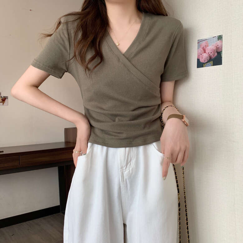 Cross V-Neck Sleeve T-Shirt For Women Summer New Design Slim Fit Short Student Trendy Top B5