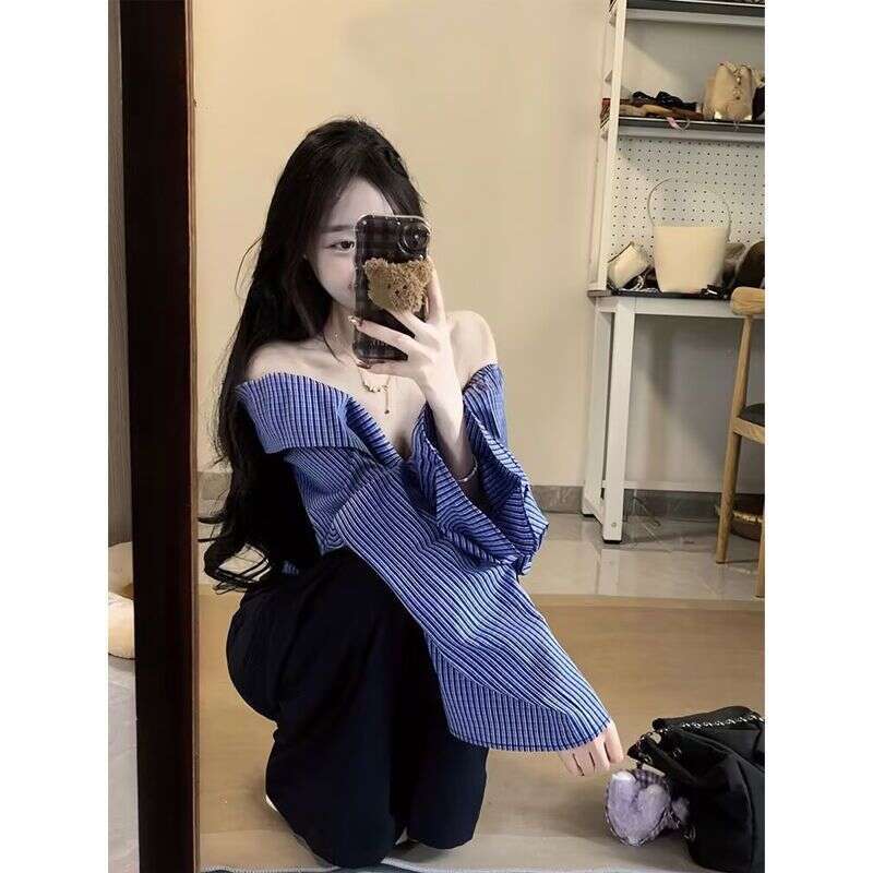 Color-Block Off-Shoulder Striped Patchwork Long Sleeve Shirt Women Spring Autumn College Style Casual Wide-Leg Pants Two-Piece Set B5