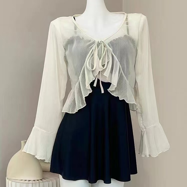 K1315 Ruffled chiffon sun protection clothing for women in summer with suspender skirt and small shawl breathable short cardigan jacket