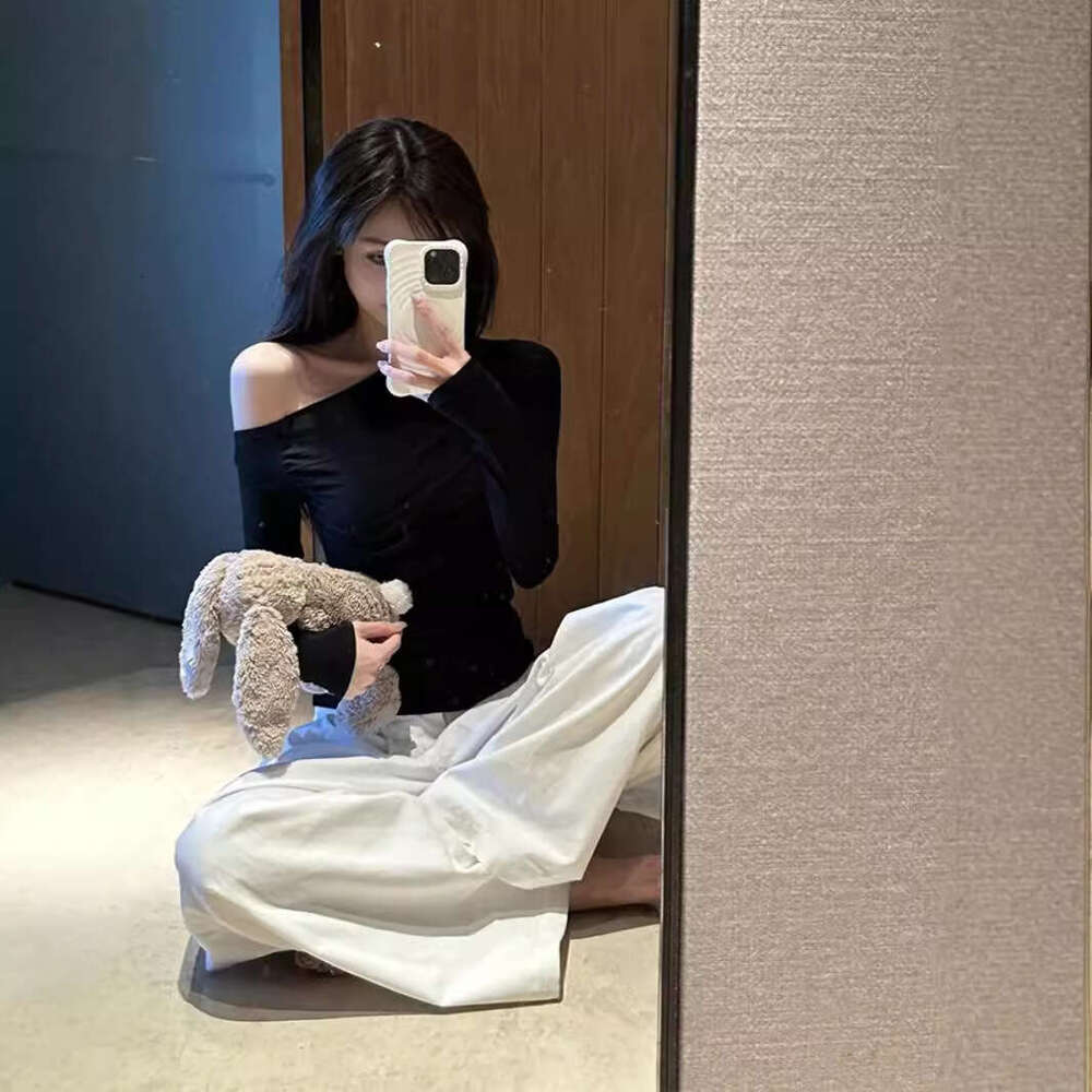 Pure Desire Hot Girl Slim Fit Off-Shoulder Long Sleeve T-Shirt Women's Early Autumn Design Versatile Base Shirt Student Top B5