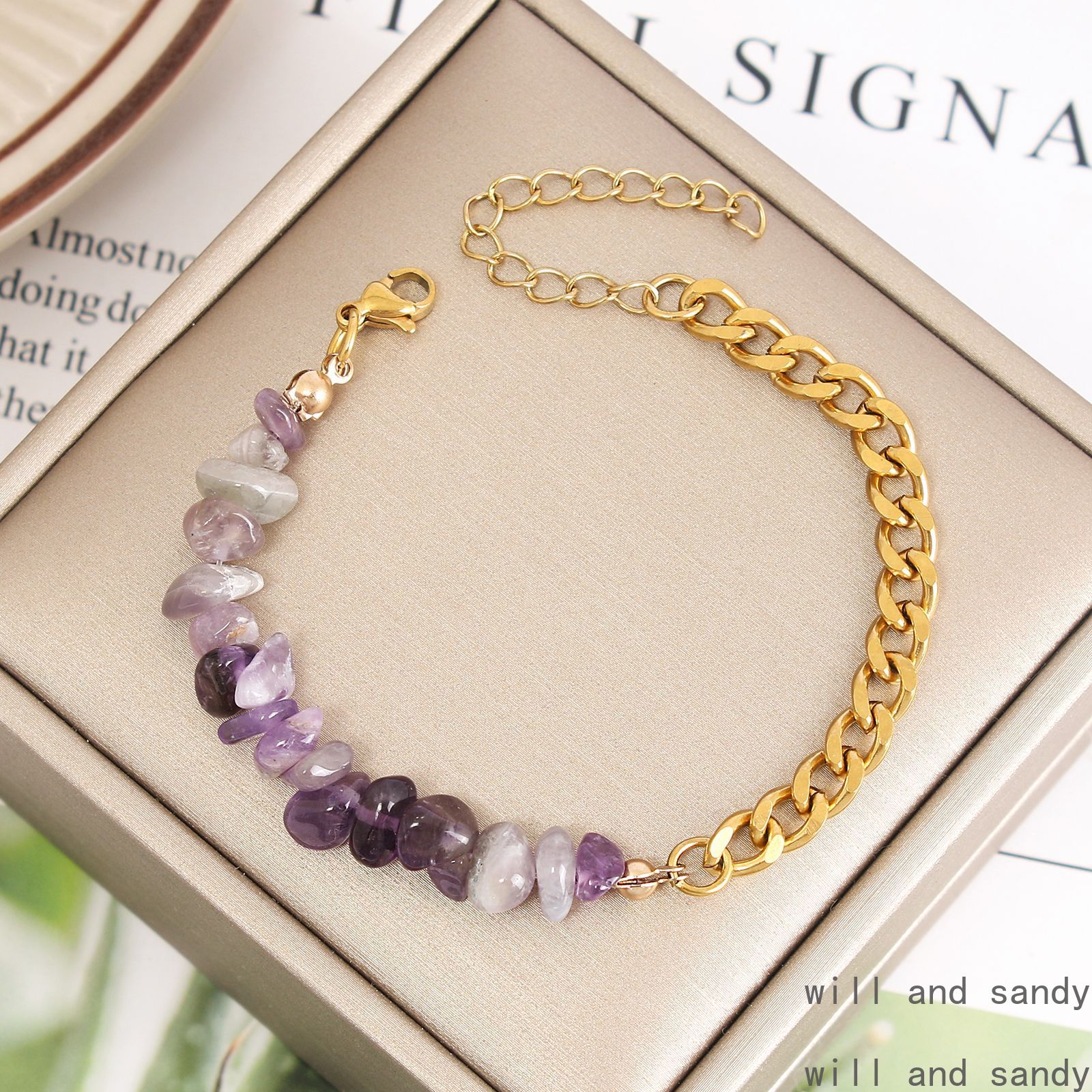 Natural Stone Chippings Bracelet Charm Stainless Steel Two Tone Gold Cuban Link Chain Bracelets Wristband Cuff for Woman Designer Jewelry