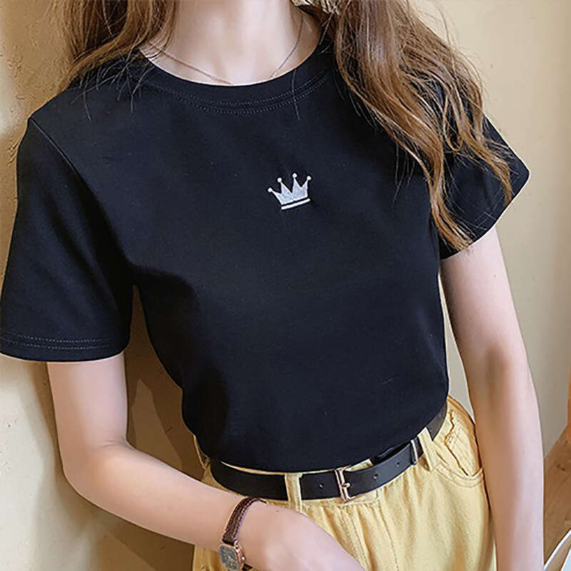 Summer New Slim Fit Embroidered Round Neck Short Sleeve T-Shirt For Women Students Ladies Base Shirt B5