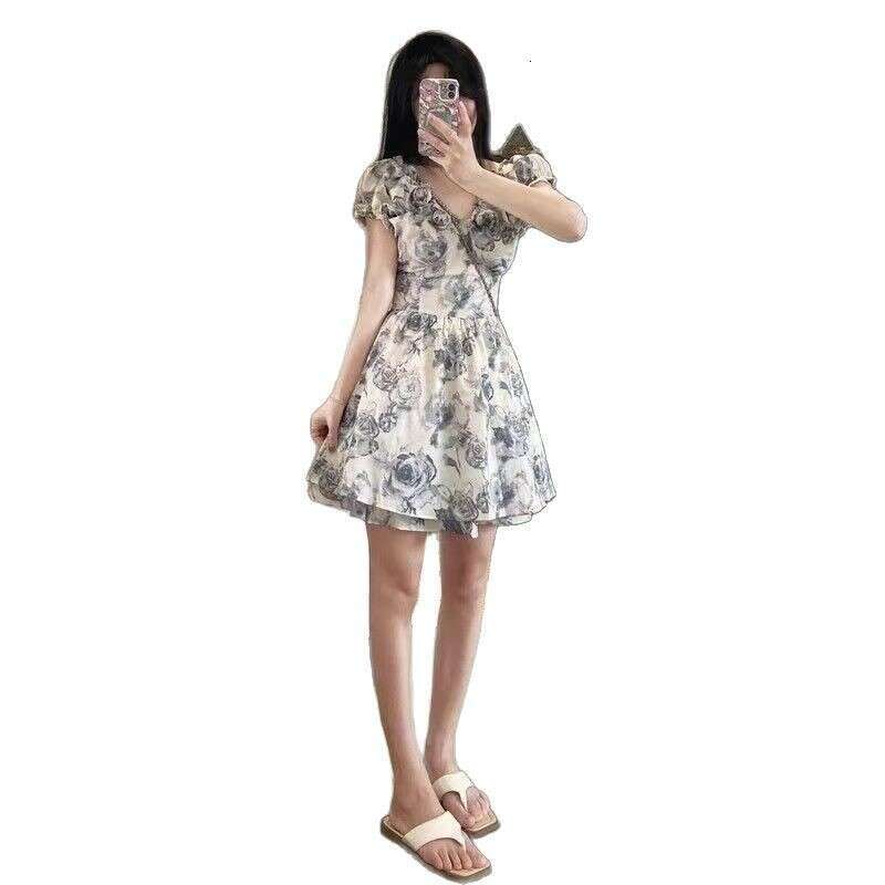 Ink Wash Rose 3D Flower Puffy Skirt Women Summer New French Style Petite Waist-Cinching Elegant Dress B5