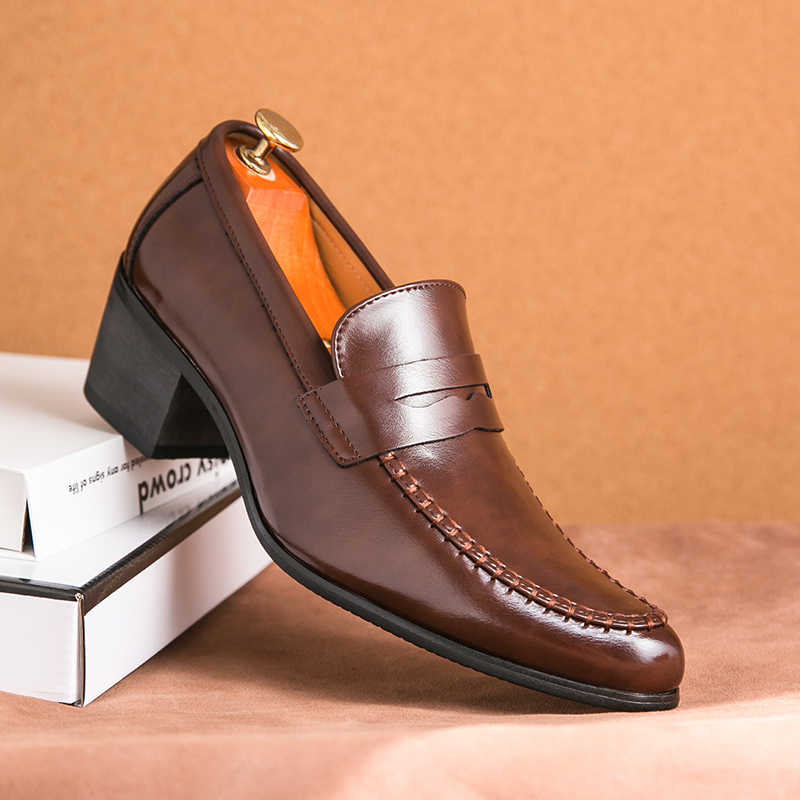 505- New Fashionable Retro Height Increasing Cuban Business Casual Shoes, European and American Pointed Leather Shoes, One Step Formal Men's Shoe